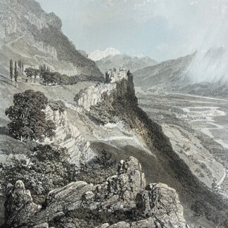 Chateau de Miolans c1864 France Savoie Chateau de Miolans perched on a rocky promontory overlooking an Alpine valley in Savoie France in a lithograph circa 1864