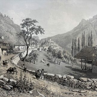 Le Chatelard in Savoie France with villagers and livestock beside traditional houses beneath the Bauges mountains in a lithograph circa 1864