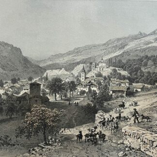 Aime in the Tarentaise valley in Savoie France with village buildings and foreground figures and livestock in a lithograph circa 1864