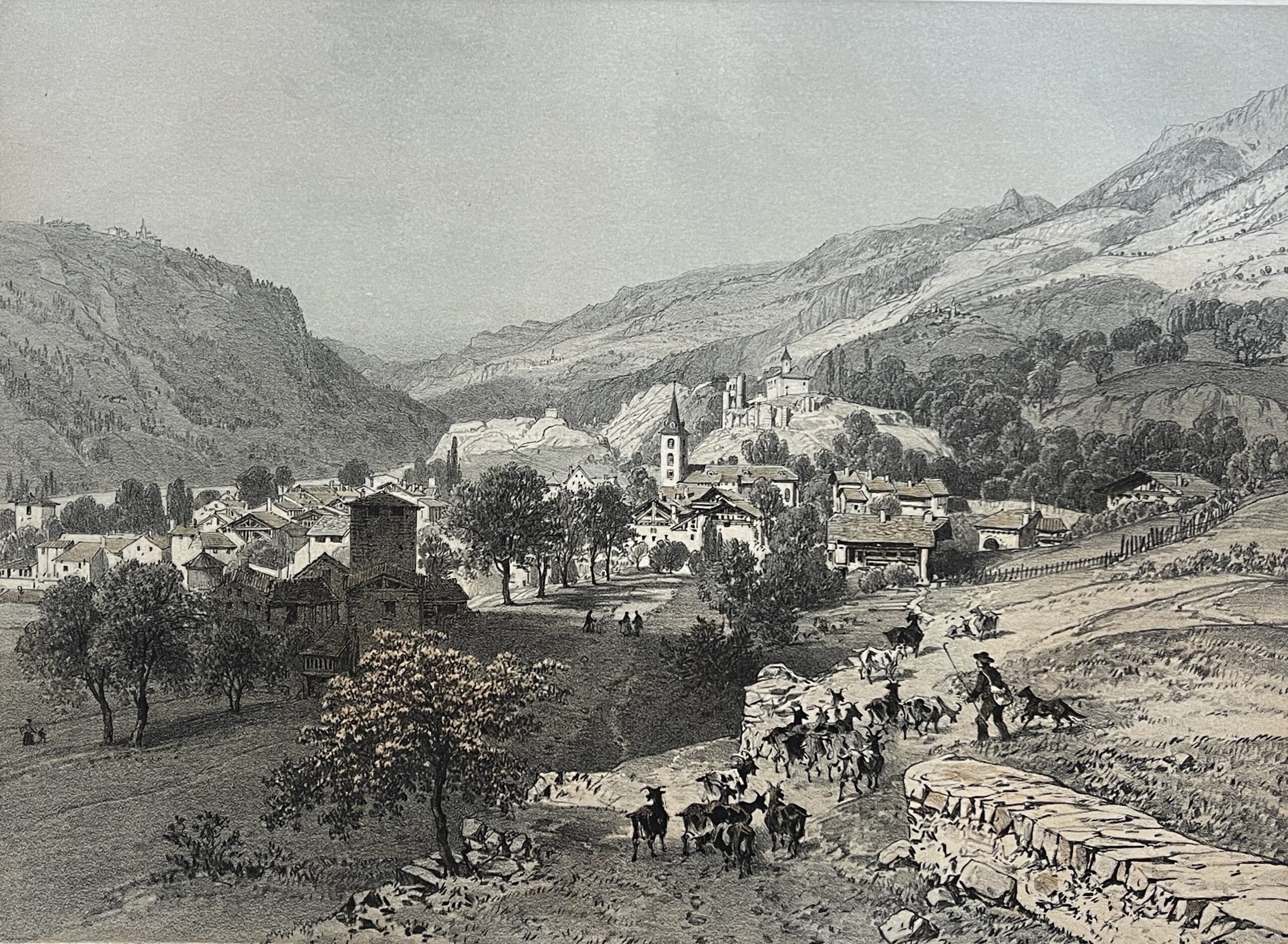 AIME Savoie Antique Lithograph 1864 Félix Benoist French Alps Village Landscape