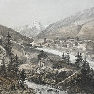 Lanslebourg in Savoie France beside the River Arc with a foreground chapel and surrounding Alpine mountains in a lithograph circa 1864