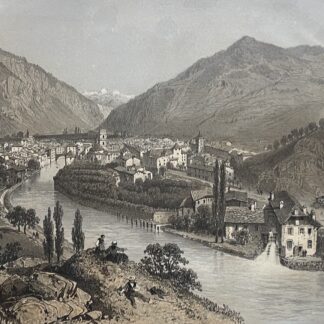Moutiers in Savoie France with riverside buildings and bridges beneath Alpine mountains in a lithograph circa 1864