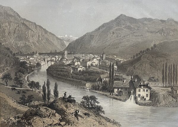 MOUTIERS Savoie Antique Lithograph 1864 Félix Benoist French Alps River Town