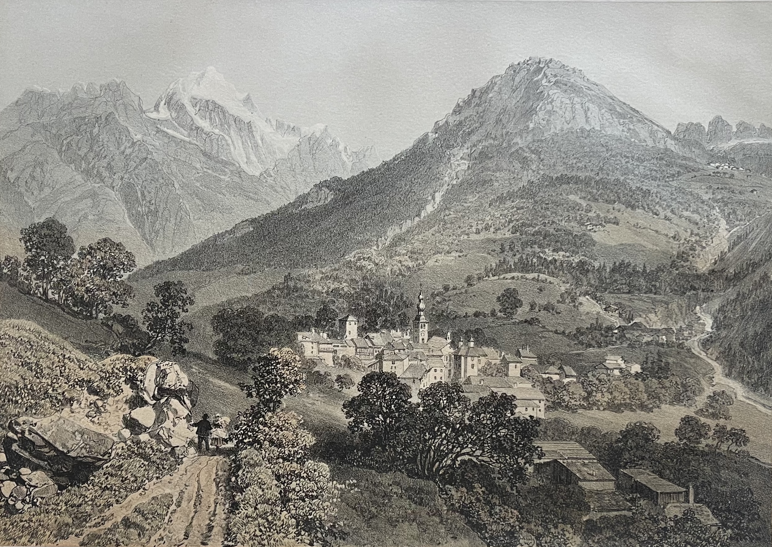 Antique French Lithograph Bozel, Savoie Alpine Village Landscape 1864 Alpes – Image 2