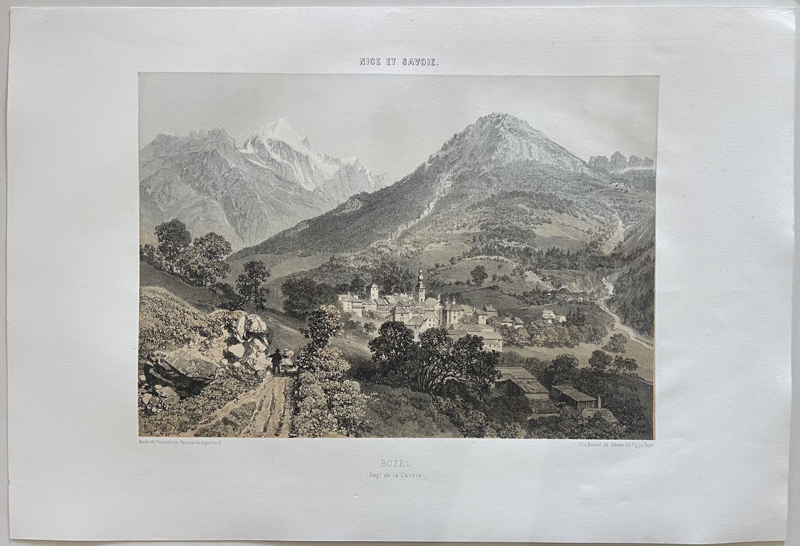 Antique French Lithograph Bozel, Savoie Alpine Village Landscape 1864 Alpes – Image 3
