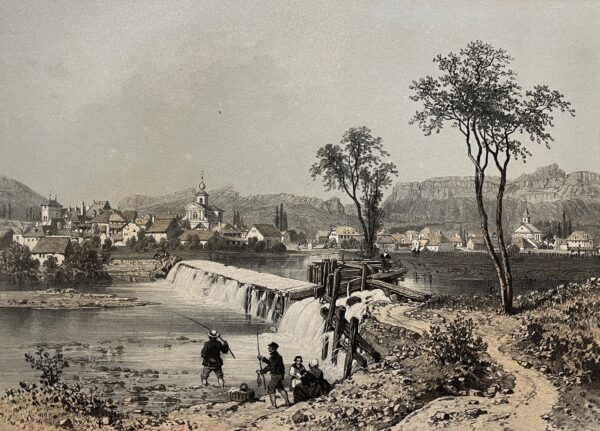 Antique Engraving Les Echelles France Alps 1864 Benoist Village Scene Savoie