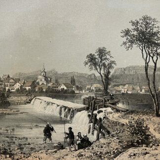 Les Echelles in Savoie France with village buildings and fishermen beside a river weir in an 1864 lithograph