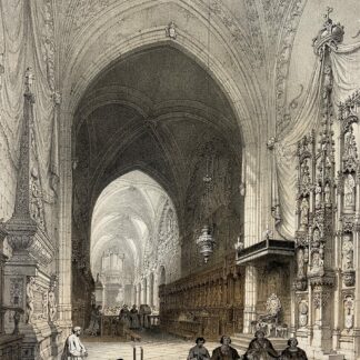 St Jean de Maurienne Cathedral interior with vaulted architecture and carved wooden furnishings in an 1864 lithograph