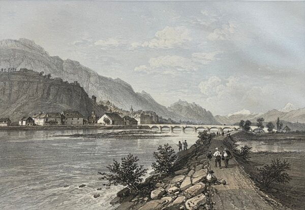 MONTMELIAN France Antique Lithograph 1864 Félix Benoist Savoy Alps River Savoie