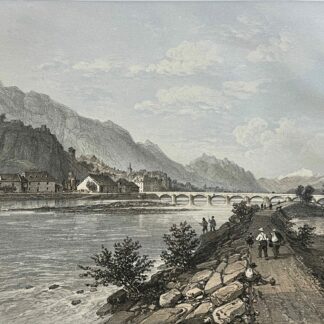 Montmelian in Savoie France viewed across the Isere River with a stone bridge and Alpine mountains in a lithograph circa 1864