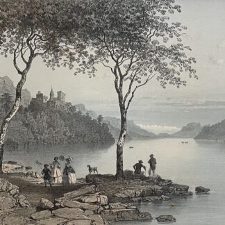 Chatillon above Lake Bourget in France with two foreground trees and lakeside figures in a lithograph circa 1864