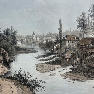 Antique view of Pont-de-Beauvoisin showing a river watermill riverside buildings and a distant bridge