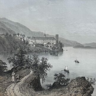 Hautecombe Abbey beside Lake Bourget in France with boats and Alpine scenery circa 1864