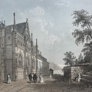 Antique view of Hautecombe Abbey church showing its ornate Gothic Revival façade and figures in the foreground