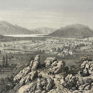 1864 lithograph showing Aix-les-Bains and Lake Bourget with a rocky foreground cultivated fields and mountains in the distance