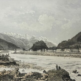 Antique lithograph of Aiguebelle in Savoie showing village buildings beside a river with a bridge and mountains in the background