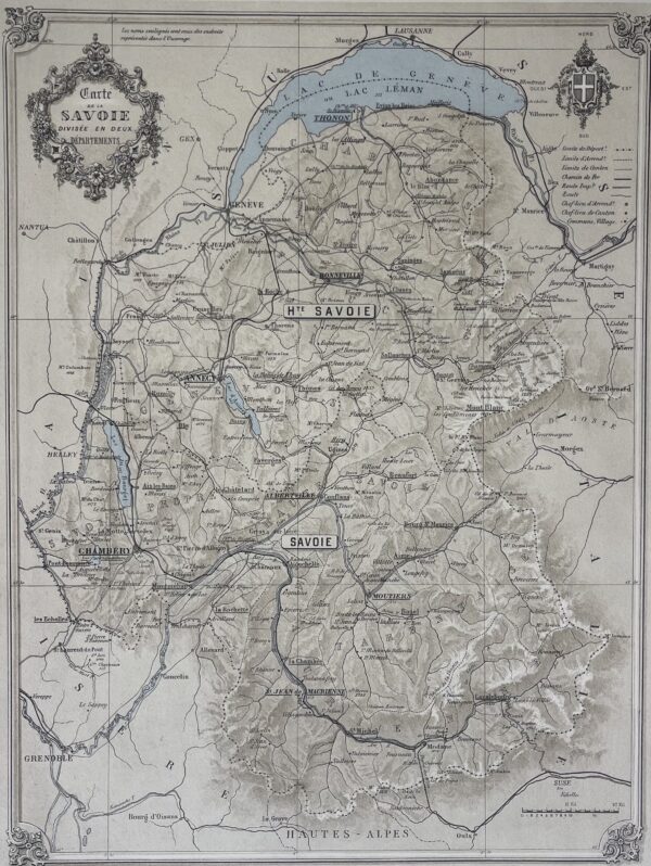 Carte LA SAVOIE DIVISEE EN DEUX DEPARTEMENTS lithographie 1864 France Alpes