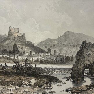 Guillaumes lithograph from 1864 showing the village and hilltop castle above the Var River with mountains and a pierced rock formation.