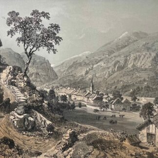 Saint-Étienne-de-Tinée lithographie de 1864 d’après Félix Benoist montrant le village et son clocher entourés de montagnes.