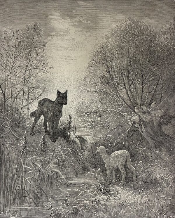 Le loup et l’agneau Gustave Doré Xylographie Fable de la Fontaine gravure 1866