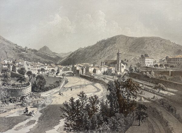 L’Escarène Alpes-Maritimes depuis le Grand Pont lthographie originale de 1864