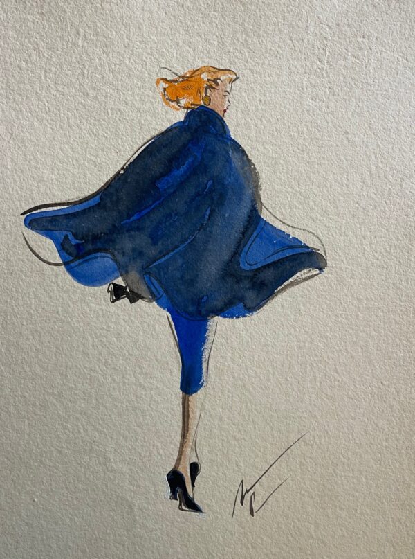Mode Nicole Pibeaut aquarelle Élégante au manteau bleu vers 1980 France
