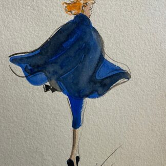 Mode Nicole Pibeaut aquarelle Élégante au manteau bleu vers 1980 France