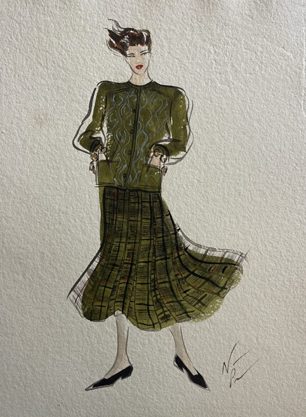 Mode Nicole Pibeaut aquarelle Silhouette féminine au tailleur vert C 1980 France