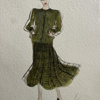 Mode Nicole Pibeaut aquarelle Silhouette féminine au tailleur vert C 1980 France