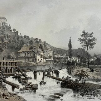 La Rochette in Savoie France with cascading water in the foreground and village buildings beneath mountain slopes circa 1864