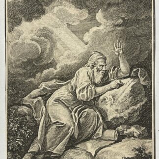 Moses raising his hand beneath clouds and rays of light in an eighteenth-century engraving depicting the reception of the Tablets of the Law.