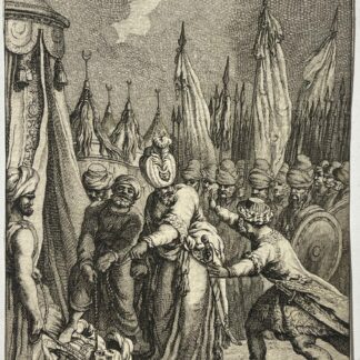 Mustapha exécuté sur ordre de Soliman le Magnifique gravure au burin du XVIIIe siècle avec soldats et étendards