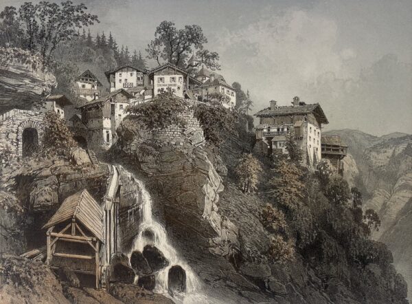 VILLAGE D’HERY près Ugines Savoie lithographie 1864 France Alpes