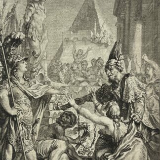 Olindo and Sophronia in an eighteenth-century engraving with costumed figures and soldiers illustrating Tasso's Jerusalem Delivered.