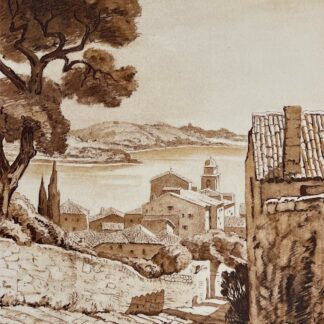 Villefranche-sur-Mer rooftops and cypress trees overlooking the Mediterranean bay in a vintage sepia print circa 1940