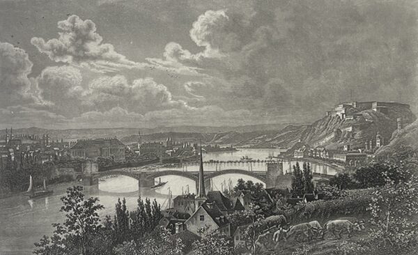 COBLENZ et forteresse Ehrenbreitstein Rhin Gravure 1850 Allemagne Engraving