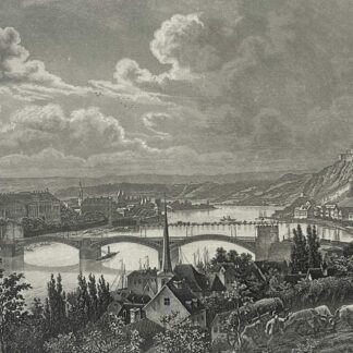 COBLENZ et forteresse Ehrenbreitstein Rhin Gravure 1850 Allemagne Engraving