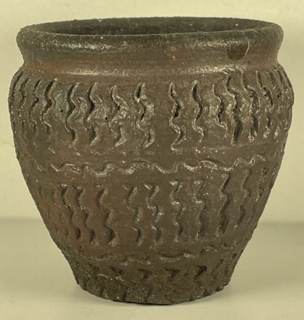Sculptural Stoneware Vessel Incised Tribal Pattern Primitive Aesthetic XXth