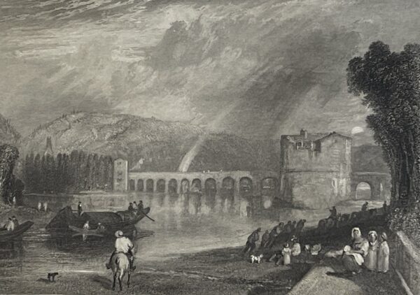 MW Turner Bridge of Melun Engraving 1833 Cousins Antique French Landscape Print