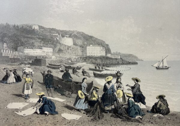 Nice Savoie Femmes et Pêcheurs Plage des Ponchettes Lithographie 1864