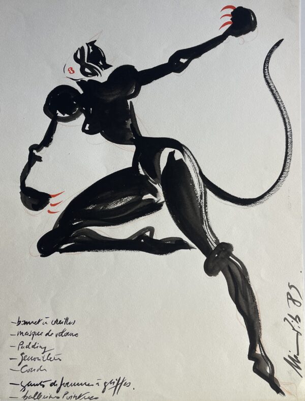 Femme chat Nicole Pibeaut Mode Paris dessin à l'encre 1985 France