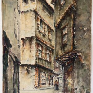 Foix Ariège Rue Faurie Grande aquarelle XIXe Vue de rue animée French watercolor