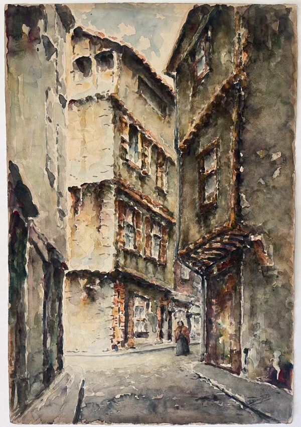 Foix Ariège Rue Faurie Grande aquarelle XIXe Vue de rue animée French watercolor