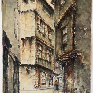 Foix Ariège Rue Faurie Grande aquarelle XIXe Vue de rue animée French watercolor