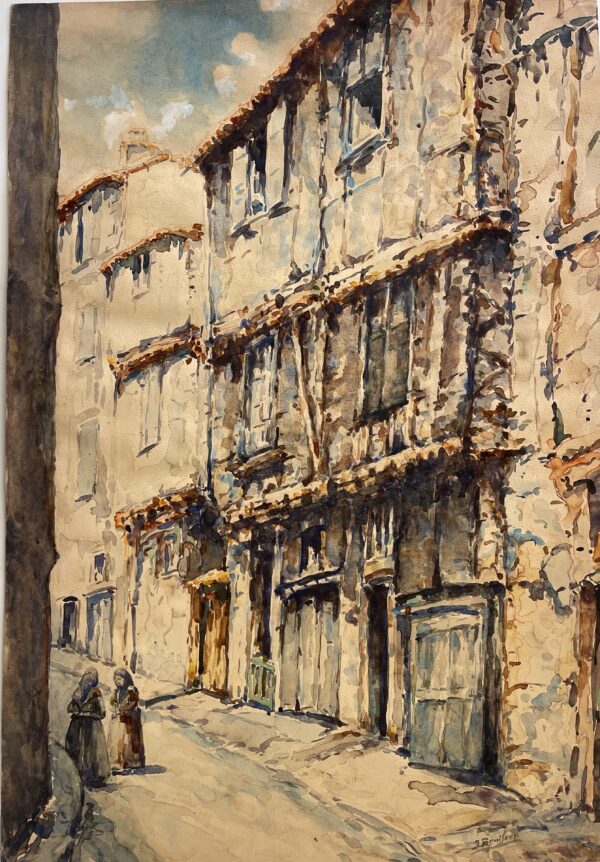 Foix Ariège rue Saint-Vincent aquarelle ancienne signée XIXe French watercolor