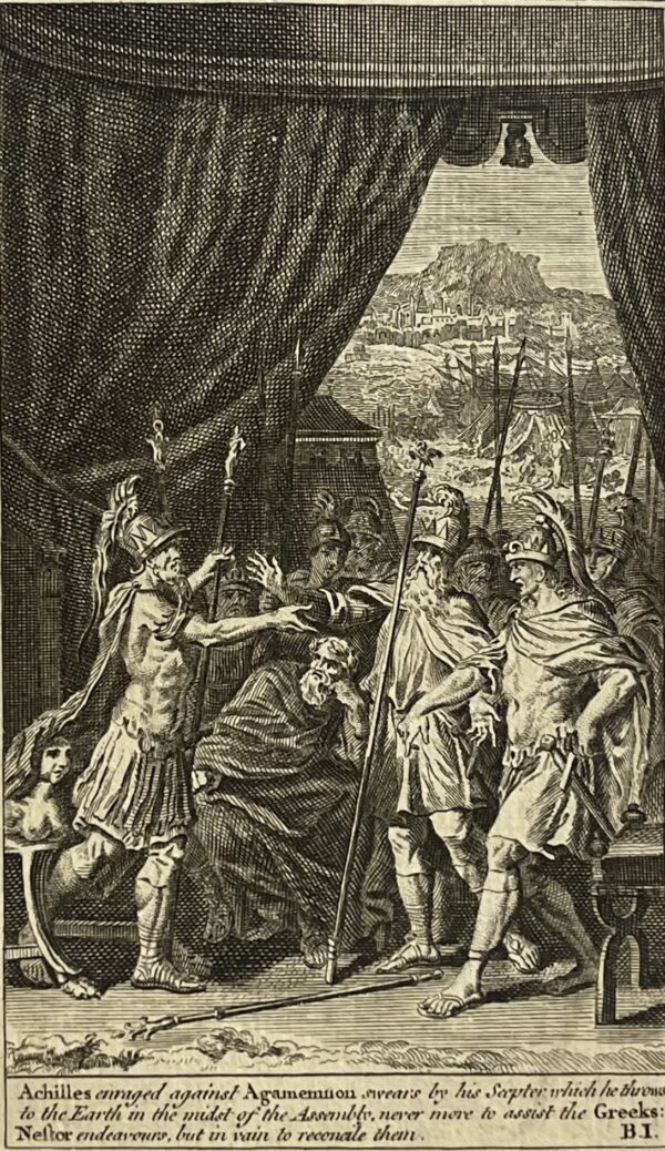 Trojan War Achille en colère contre Agamemnon Guerre de Troie Engraving 1725