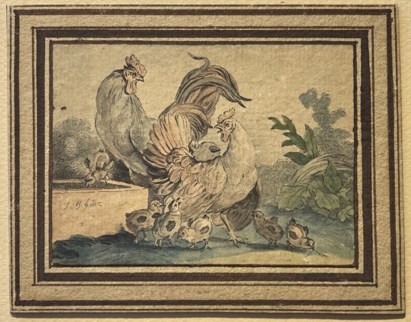 Jean Baptiste Huet attributed original watercolor c 1780 French rooster hens