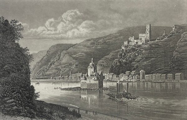 CHÂTEAU GUTENFELS ET LE PFALZ Vallée du Rhin Gravure c 1850 Allemagne Engraving