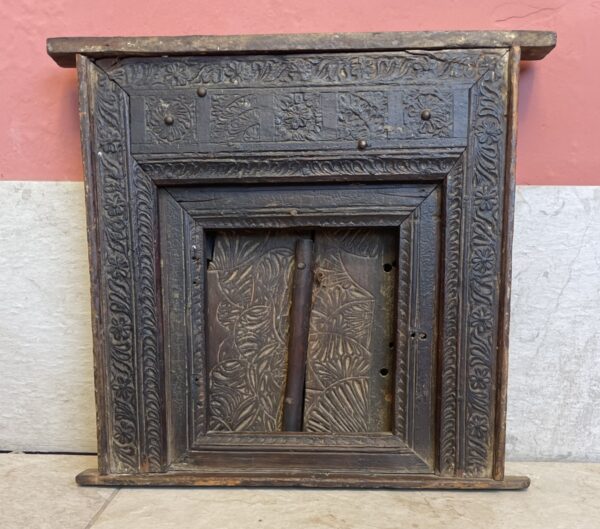Antique Indian Carved Wooden Window Floral Architectural Panel India
