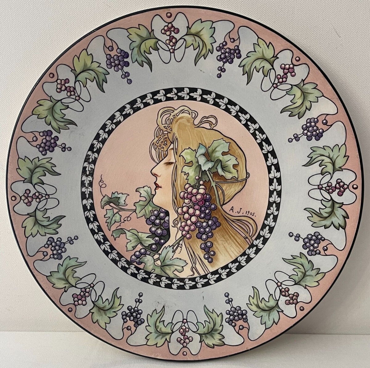 Chinese Art Nouveau Plate after Henri Privat Livemont 1905 Woman Grapes – Image 4